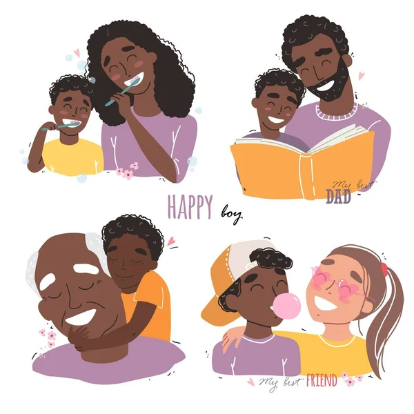 Pojęcie Rodziny Dzieciństwa Rodzice Przytulają Dziecko Chłopiec Najlepszymi Przyjaciółmi Starszy — Wektor stockowy