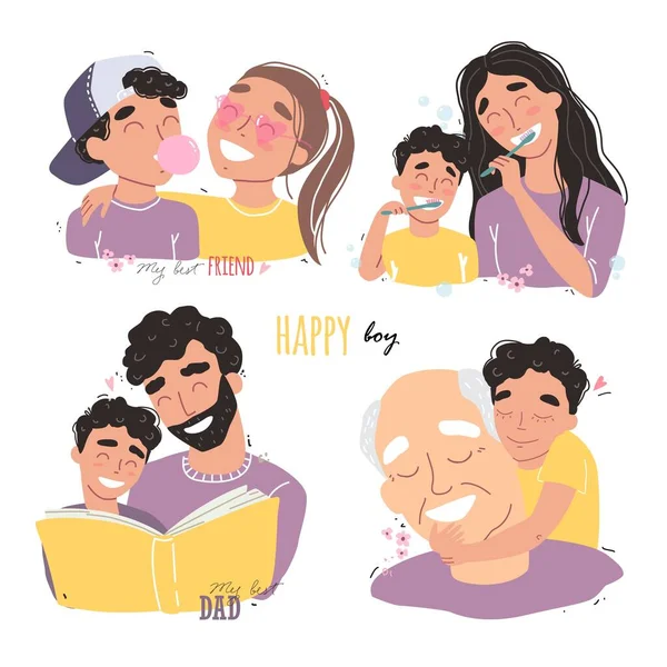 Family Childhood Concept Parents Hug Child Boy Best Friends Elderly — Stock Vector