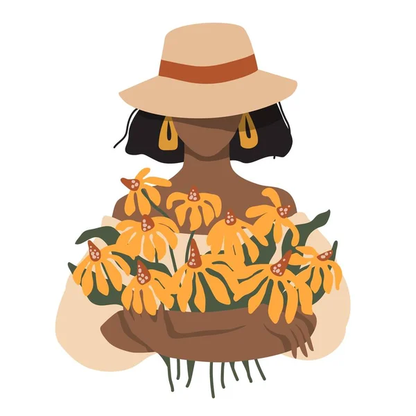 Retrato de una mujer con un ramo de flores de verano — Vector de stock