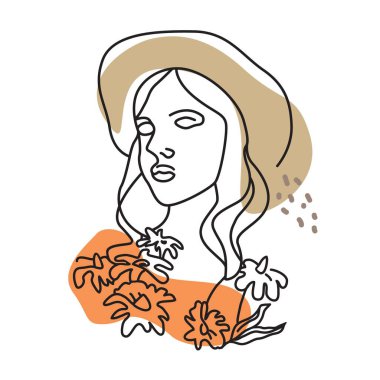 Bir buket yaz çiçeğiyle bir kadının portresi.