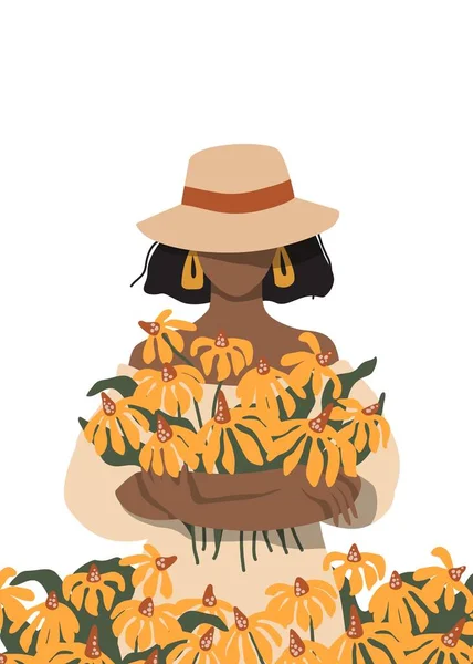 Retrato de uma mulher com um buquê de flores de verão — Vetor de Stock