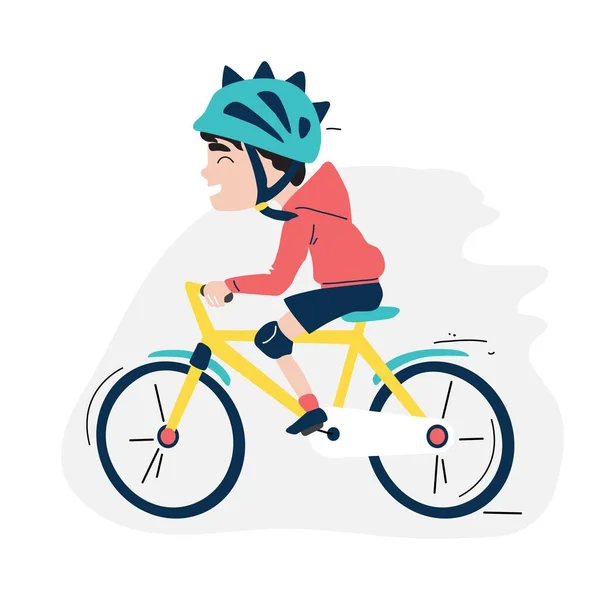 Το αγόρι κάνει ποδήλατο. Γελοιογραφία χαριτωμένο μικρό αγόρι βόλτες με ένα ποδήλατο σε ένα προστατευτικό κράνος. Μεμονωμένο λευκό φόντο. — Διανυσματικό Αρχείο