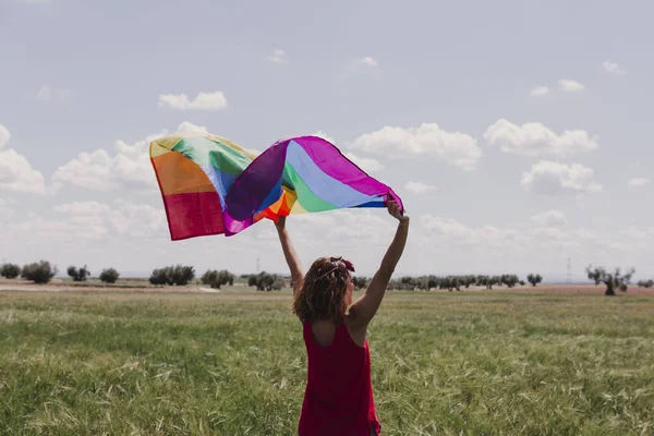 Woman Holding Gay Rainbow Flag Green Meadow Outdoors Happiness Freedom — Stock Photo, Image