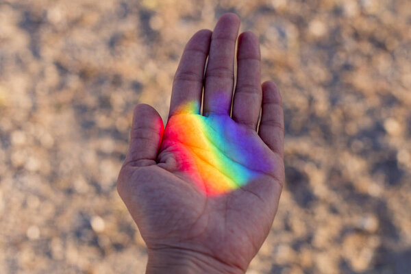 Human Hand Colorful Rainbow Reflection Her Sunset Outdoors Pride Day Royalty Free Stock Photos