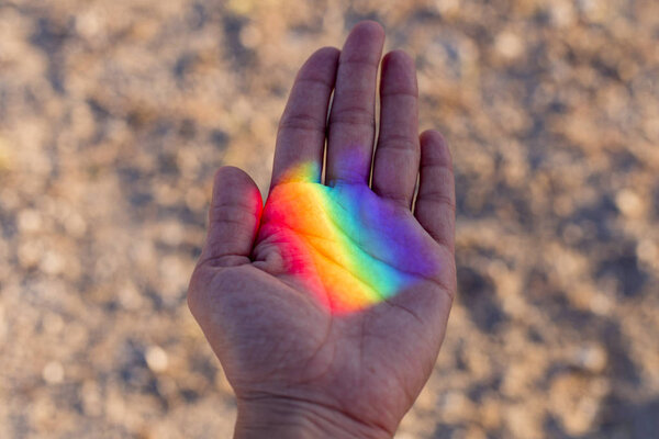 Human Hand Colorful Rainbow Reflection Her Sunset Outdoors Pride Day Stock Photo