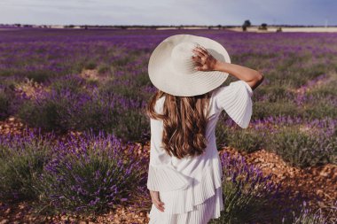 gün batımında mor bir lavanta alanında bir şapka ve beyaz elbise ile büyüleyici Genç kadın. Açık havada yaşam tarzı. Geri görünüm