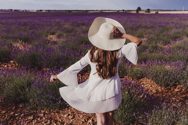 Charming Young Woman Hat White Dress Purple Lavender Field Sunset — Stock Photo, Image