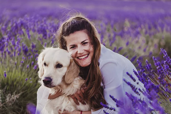 Wanita Cantik Memeluk Anjing Retriever Emasnya Padang Lavender Saat Matahari — Stok Foto