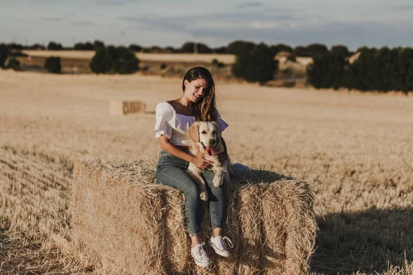 Wanita Cantik Berjalan Dengan Anjing Golden Retriever Nya Lapangan Kuning — Stok Foto