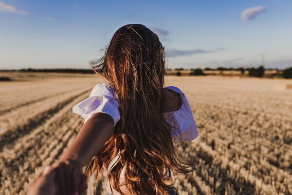 Follow Young Woman Holding Hand Leading Man Beautiful Nature Sunset Stock Photo