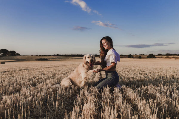 Young Beautiful Woman Walking Her Golden Retriever Dog Yellow Field Stock Image
