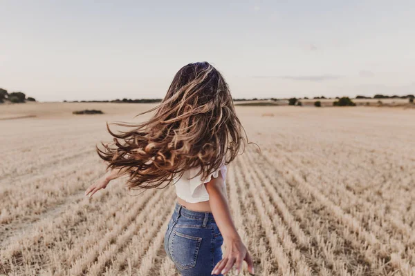 黄色い野原で自然を楽しむ夏の女の子 アウトドアで踊る美しい若い女性 風の中の長い髪 幸せとライフスタイル バックビュー ストック画像