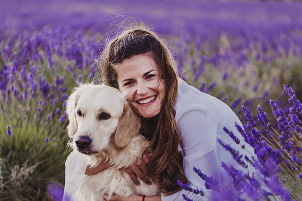 Beautiful Woman Hugging Her Golden Retriever Dog Lavender Fields Sunset Stock Image