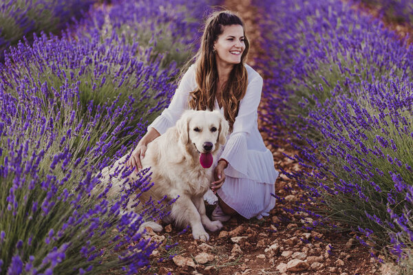Beautiful Woman Her Golden Retriever Dog Lavender Fields Sunset Pets Stock Picture