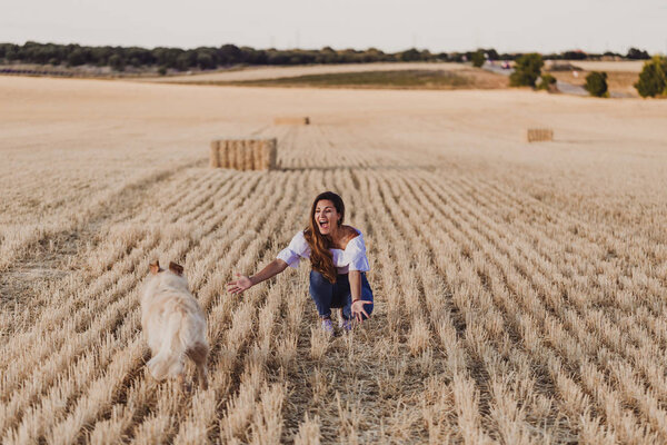 Young Beautiful Woman Walking Her Golden Retriever Dog Yellow Field Stock Picture