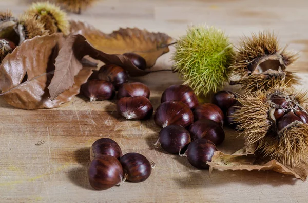 Groep Van Kastanjes Bladeren Schil Herfst Fruit Levensmiddelen — Stockfoto