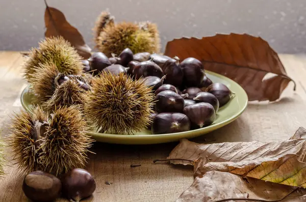 Stilleven Met Kastanjes Herfstbladeren — Stockfoto