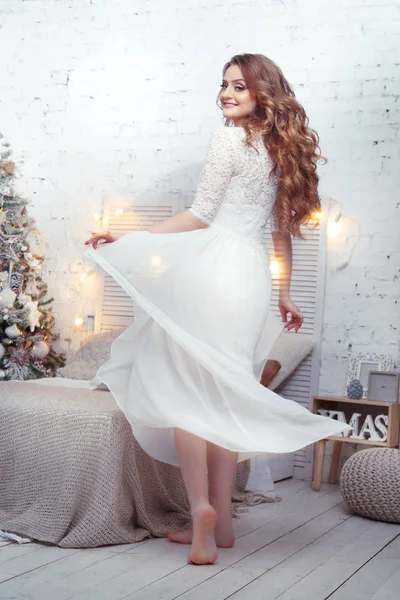 Girl Luxurious Curls Dance Peignoir Interior — Stock Photo, Image