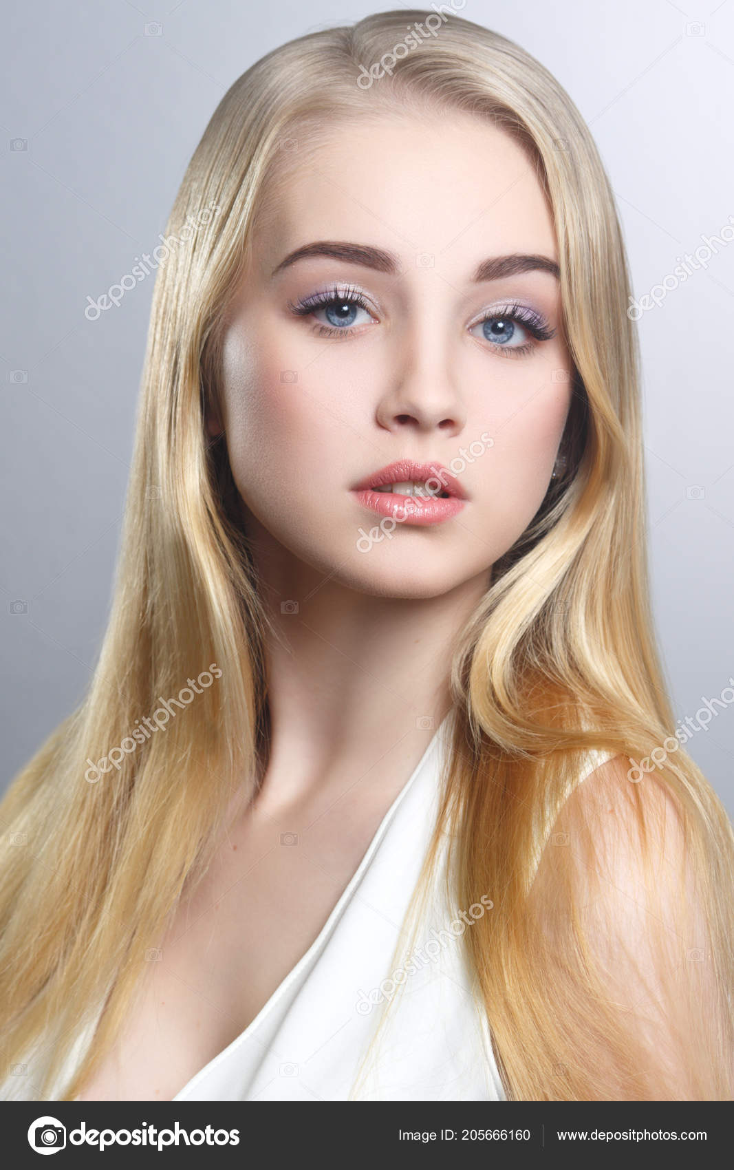 Beauty Portrait Cute Blonde Long Straight Hair Isolated