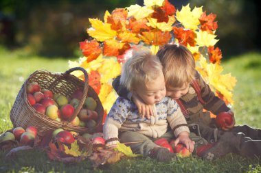İki kardeş bir sepet elma ile yakınındaki bir güneşli sonbahar gününde sarılma