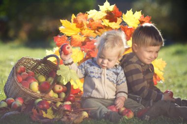 Sepet elma ile güneşli sonbahar gününde oynayan iki mutlu çocuk