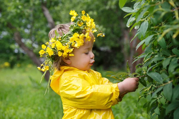 黄色のレインコートとキンポウゲの花輪で子供が夏の日にブッシュから果実を収集します — ストック写真