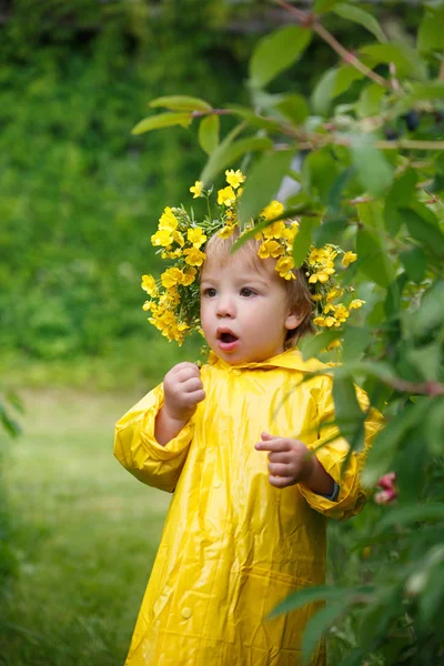穿着黄色雨衣的孩子和毛茛的花圈在夏天的时候从灌木丛中收集浆果 — 图库照片