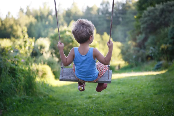 Small Child Swings Swing Nature View Back — Stock Photo, Image