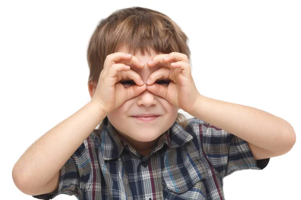 Niño Lindo Sosteniendo Mano Una Persona Forma Prismáticos Aislados Sobre —  Fotos de Stock