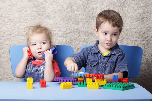 Two Cute Boy Playing Lego Table — Stock Photo, Image
