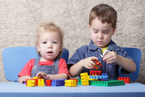 Two Cute Boy Playing Lego Table — Stock Photo, Image