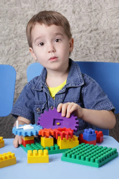 Little Boy Playing Colorful Designer — Stock Photo, Image