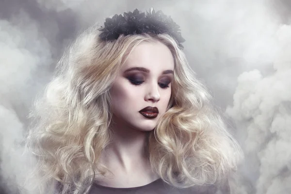 Beauty Portrait Beautiful Young Blonde Woman Gothic Make Decorative Wreath — Stock Photo, Image