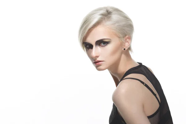 Portrait Blonde Woman Short Haircut Dramatic Makeup Isolated White Background — Stock Photo, Image