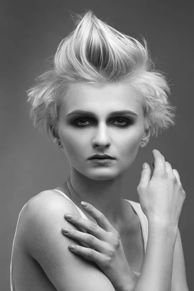 Black White Fashion Beauty Portrait Blonde Woman Stylish Short Haircut — Stock Photo, Image