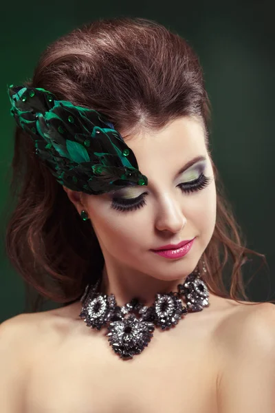 Beauty Portrait Gorgeous Woman Hat Form Wing Necklace — Stock Photo, Image