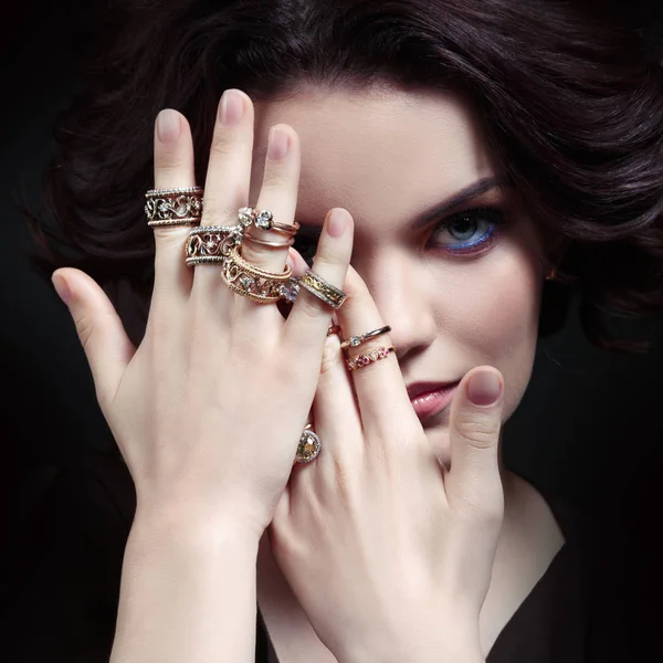 Beauty Portrait Gorgeous Woman Concealing Face Hands Silver Golden Rings — Stock Photo, Image