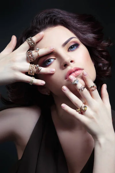 Beauty Portrait Gorgeous Woman Concealing Face Hands Silver Golden Rings — Stock Photo, Image