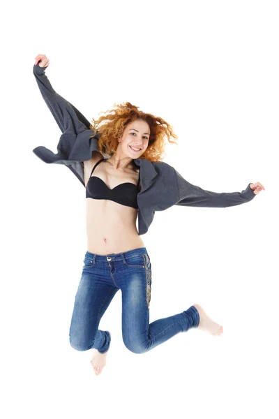 Šťastná Dívka Která Skočila Izolované Bílém Pozadí — Stock fotografie