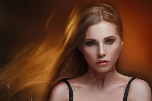 Mysterious Beauty Portrait Chic Woman Long Straight Hair Mixed Light — Stock Photo, Image