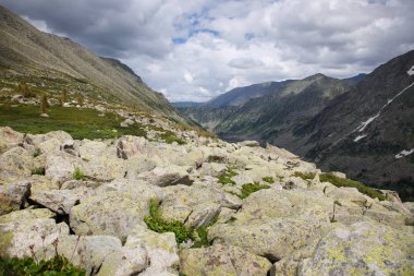 Ön plan, altay, Sibirya'da dağ eteğindeki taş yığını ile dağlık manzara.