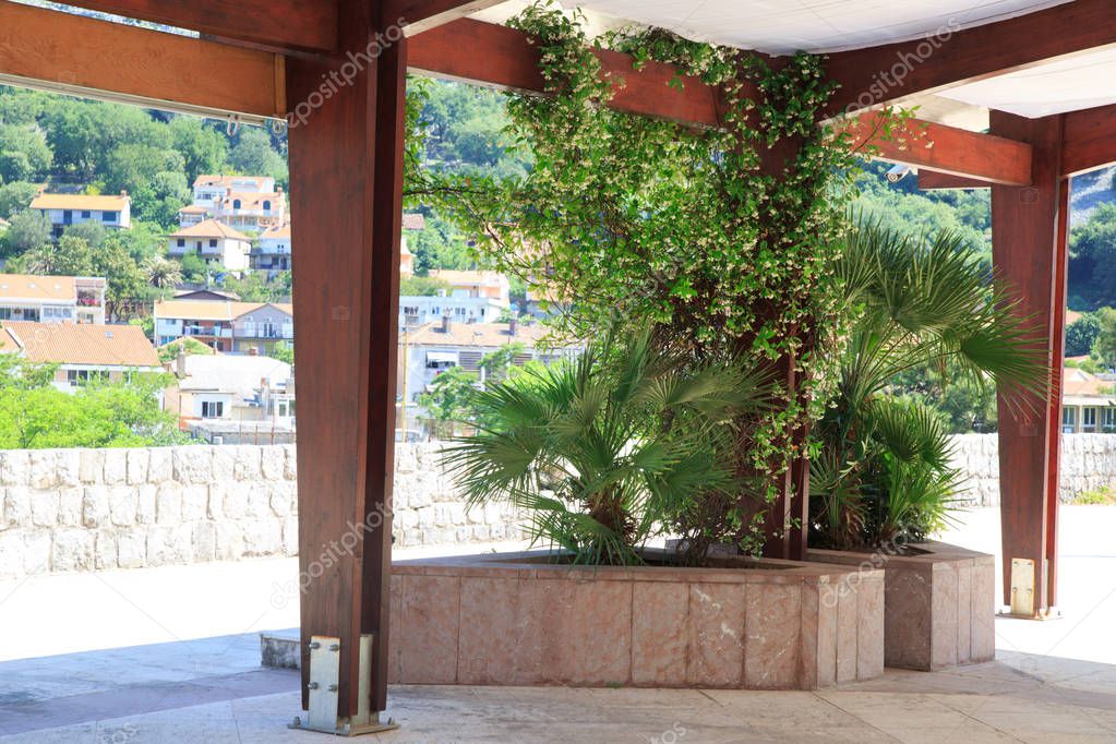 Patio in the background of mountains, Kotor, Montenegro.