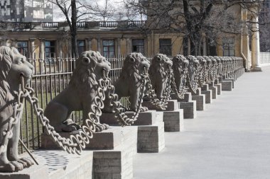 Bir grup heykel bir zincir onların dişler, St. Petersburg tutan aslanlar şeklinde.