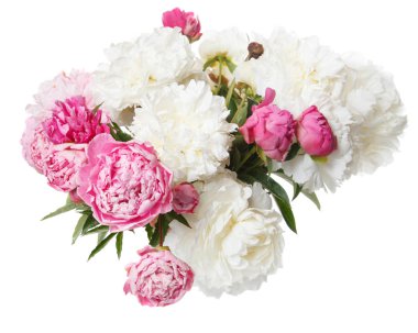 Beyaz ve pembe peonies izole buket.