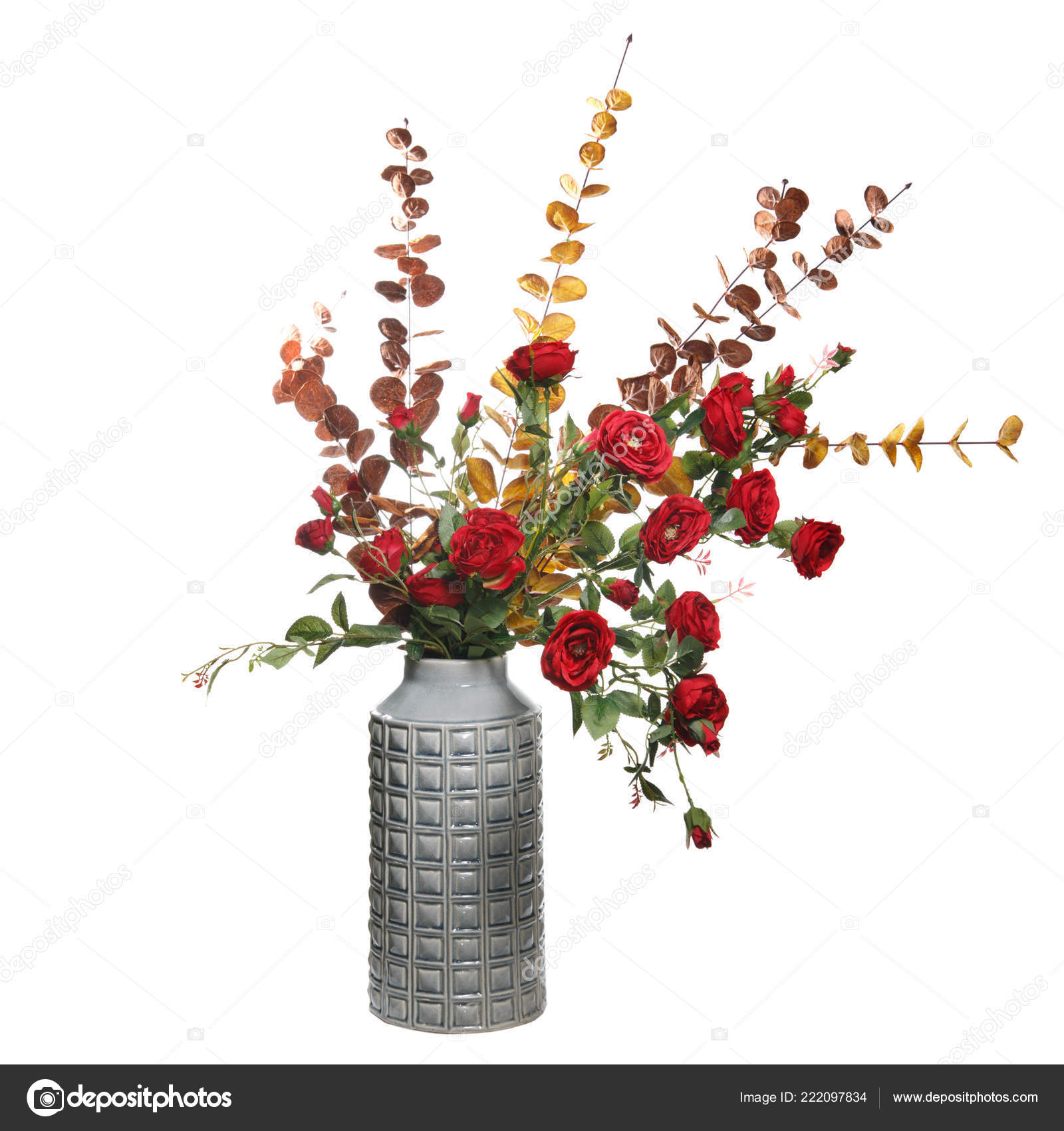 Autumn Bouquet Artificial Red Roses Twigs Yellow Leaves Ceramic