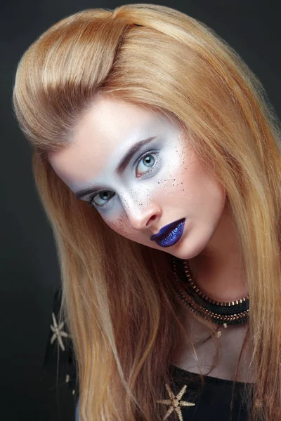 Fashion Beauty Portrait Blonde Girl Creative Make Blue Tones Black — Stock Photo, Image