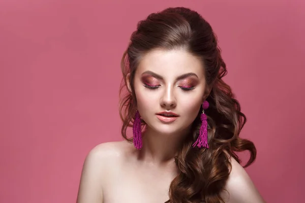Fashion Beauty Portrait Beautiful Girl Bright Make Elegant Hairdress Pink — Stock Photo, Image