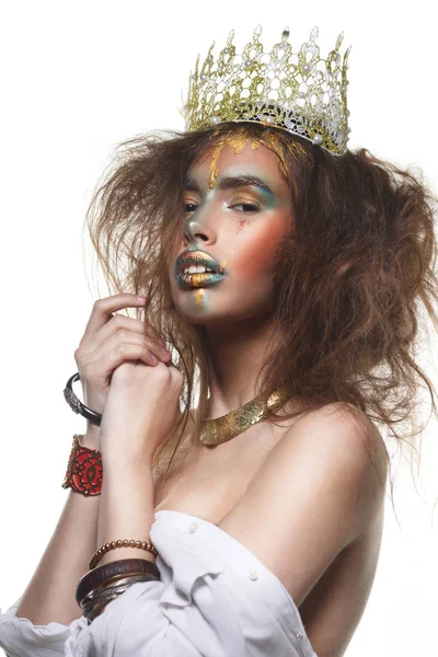 Striking Girl Creative Makeup Bruises Feathering Gold White Background — Stock Photo, Image
