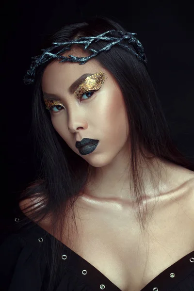 Beautiful Girl Crown Bright Make Black Background — Stock Photo, Image