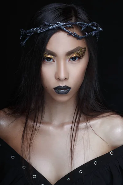 Beautiful Girl Crown Bright Make Black Background — Stock Photo, Image